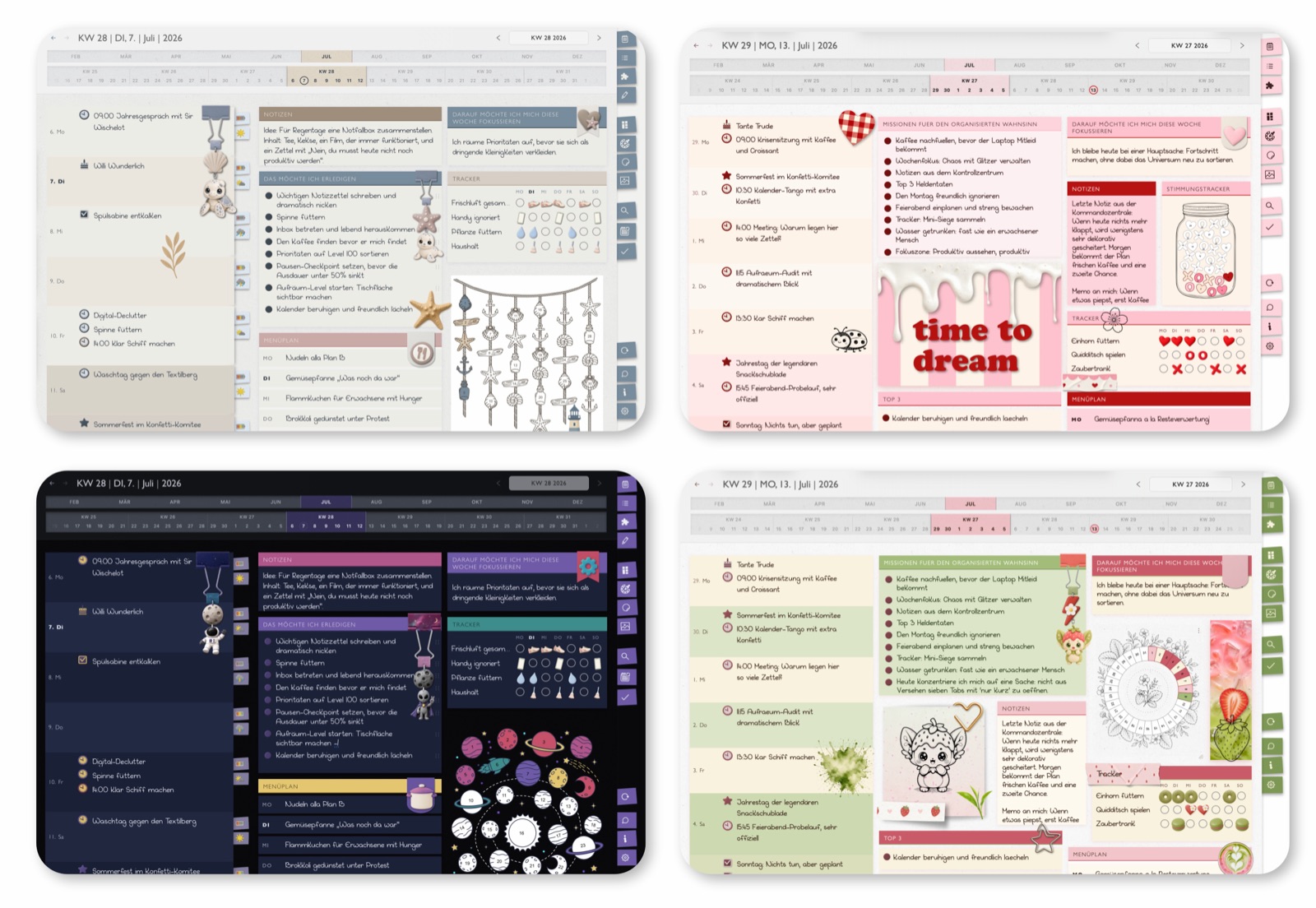 Vier Farbdesigns der planoid App im Vergleich: maritimes Beige, verspieltes Rosa, dunkles Weltraum-Design und frisches Erdbeer-Grün