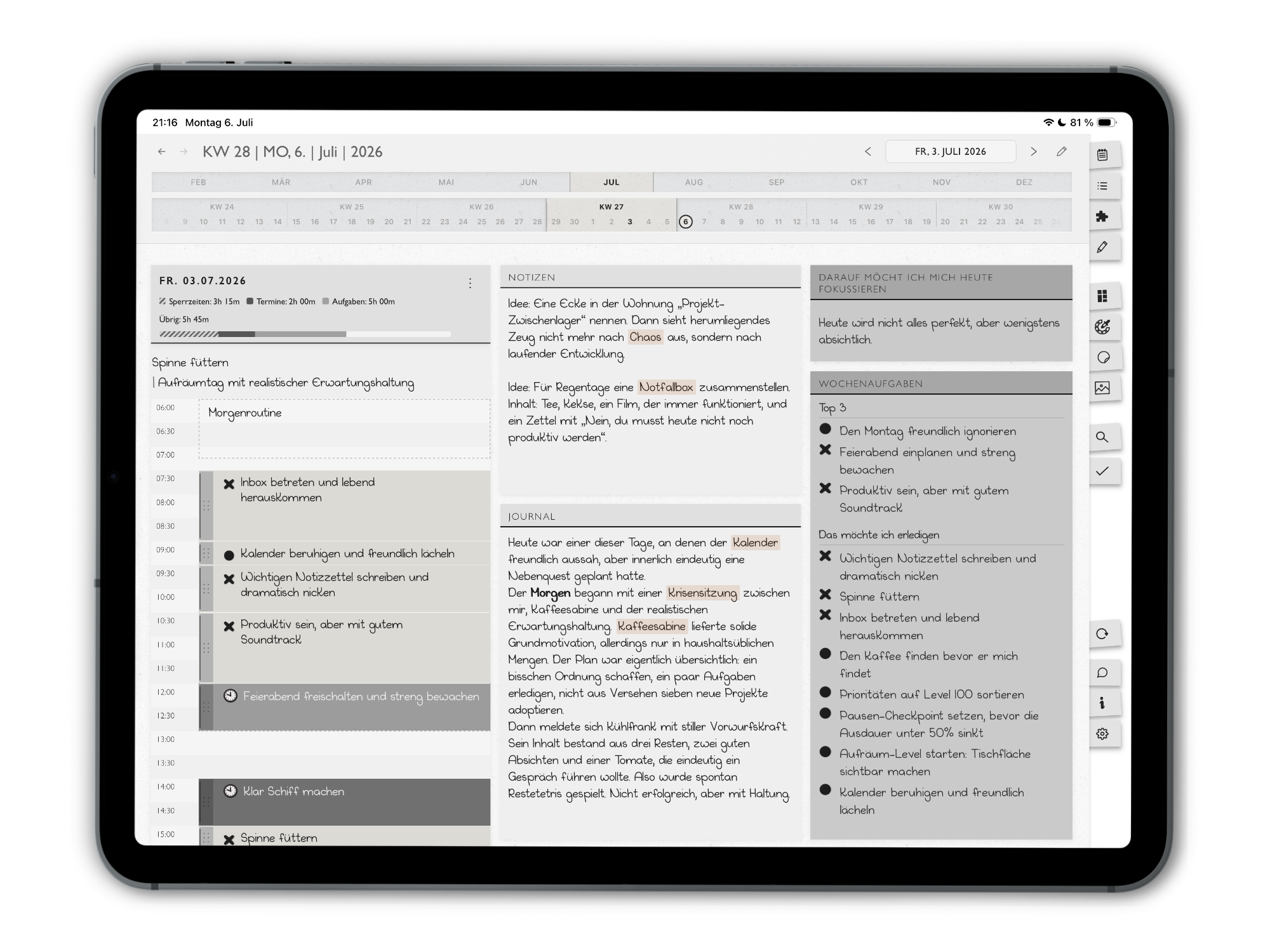 Tagesplan in der planoid Planer-App: Zeitleiste, Aufgabenpool und Time-Blocking auf einem Tablet